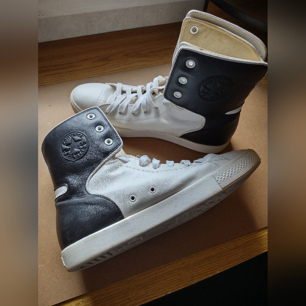 Converse Leather High-Top Black and White Shoes (Size 11.5 Mens)